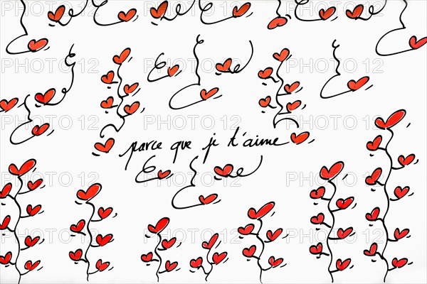 Street art, painted house wall with hearts and lettering on the theme of love, Montmartre, Paris,
