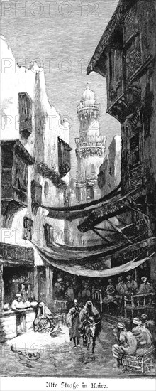 Old alleyway in Cairo, Egypt, alley, souk, bazaar, shops, trade, minaret, many people, Africa,