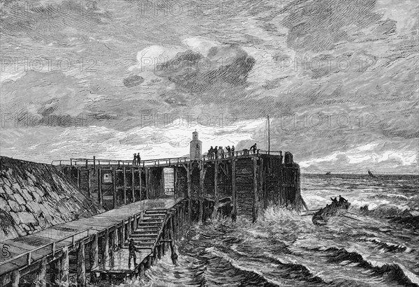 Die Alte Liebe in Cuxhaven, North Sea, pier, lighthouse, stairs, wind, waves, stone dam, people,