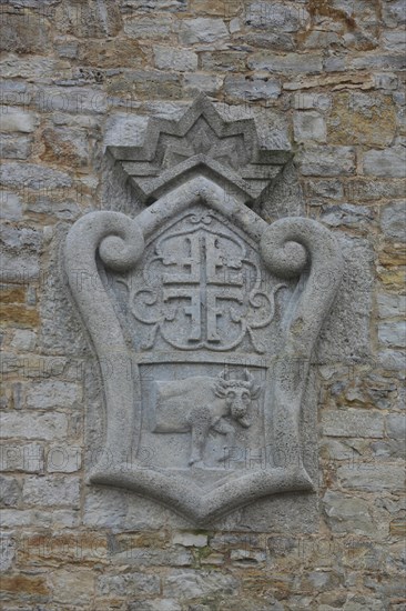 Town coat of arms with ox figure, bull figure, stone, relief, gymnastics club, Ochsenfurt, Lower