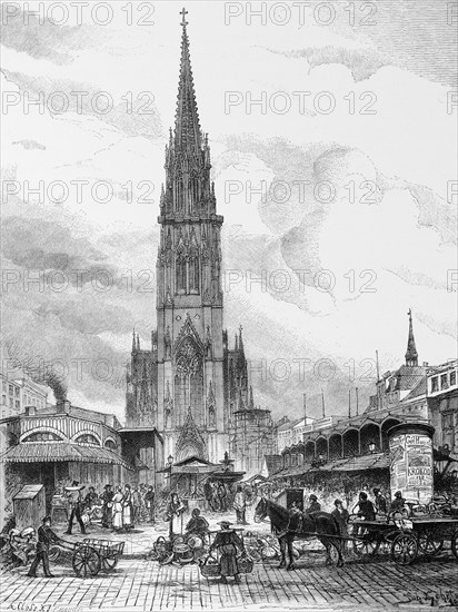 Hop market with St Nikolai church, weekly market market, hackney carriage, carts, many people,