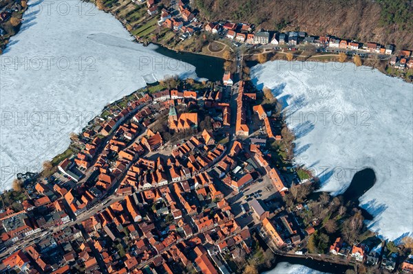 Aerial view, old town, Eulenspiegelstadt, Schulsee, ice, winter, Moelln, Schleswig-Holstein,