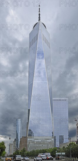 Skyscraper One World Trade Center or Freedom Tower under a grey sky, Ground Zero, Lower Manhattan,