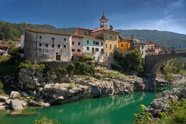 Canal ob Soci, picturesque village on the Soca river, trough gorge, on the right the canal bridge