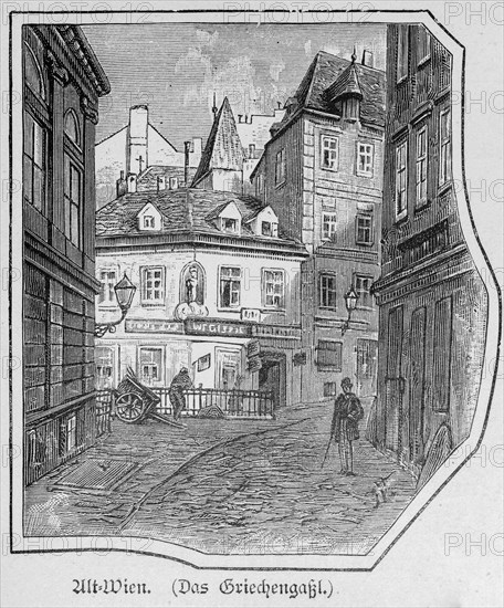Griechengassl in Vienna, alley, alleyway, building, walker, shops, cash registers, Austria,