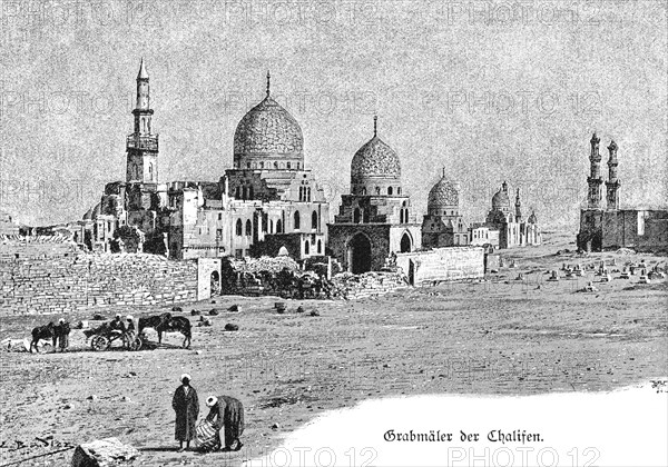 Tombs of the Caliphs, Cairo, Egypt, mosque, dome, minaret, carriage, horses, Africa, historical