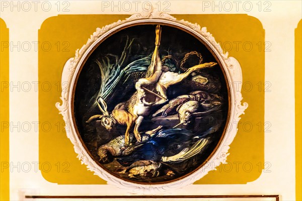 Wall painting in the dining room with game dishes, Duino Castle, with spectacular view of the sea,