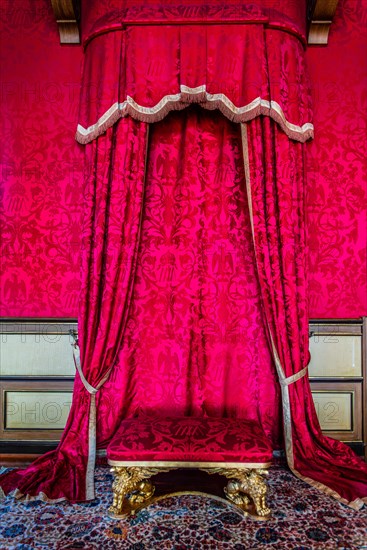 Throne armchair, neo-renaissance, neo-baroque style interior, Miramare Castle with marvellous view