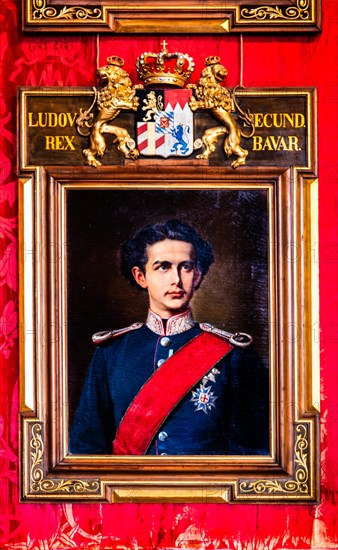 Painting shows Ludwig II, King of Bavaria, interior in neo-renaissance, neo-baroque style, Miramare