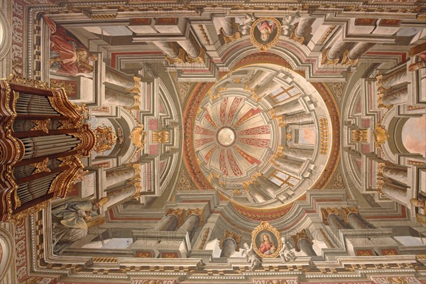 Organ and ceiling fresco by Giovanni Francesco Marchini 1729, baroque, interior view, mock