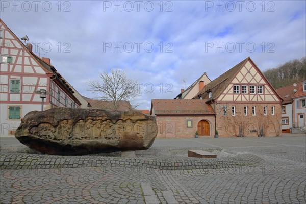 Fountain stone and half-timbered house Restaurant Zur Krone, Kirchplatz, Otterberg, Palatinate