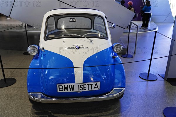 A blue and white BMW Isetta, classic car model in nostalgic design, BMW WELT, Munich, Germany,