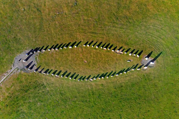 Aerial view over Ale's Stones, Ales stenar, megalithic stone oval monument representing stone ship