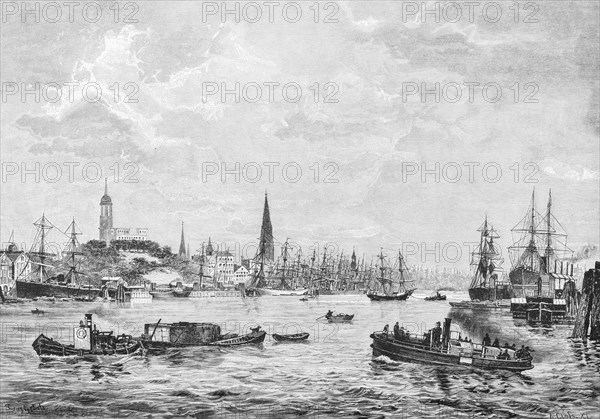 View of the Elbe, Hamburg harbour, panorama, sailing ships, launches, steamboats, Michel, church
