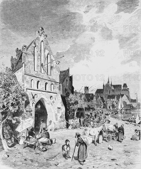 Water gate in Wismar, city gate, cityscape, market, trade, harbour, people, horse,