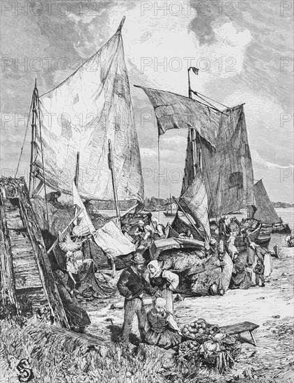 Market on the Memel, border river Russia and Lithuania, trade, people, farmers, rural, sailing