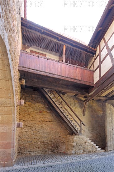 Historic Mainbernheim Gate as part of the town fortifications, inside, staircase, battlements, town