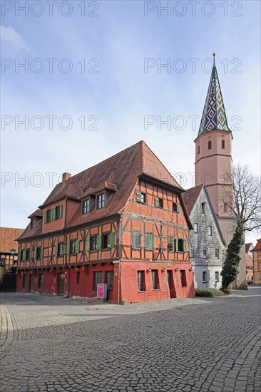 Red house and church tower of St Maria am See church, Seegasse, Bad Windsheim, Middle Franconia,
