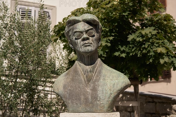 Bust of Marij Kogoj, Yugoslav composer, in the village of Kanal ob Soci, Primorska region,