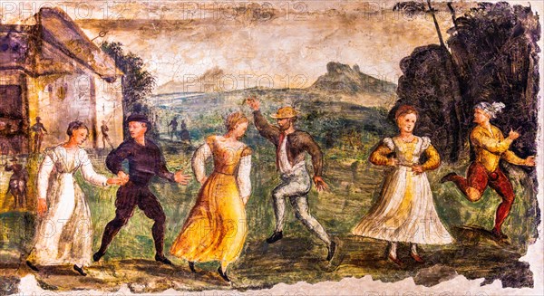 Rural dance, Termpera mural painting, c. 1540, Museo Civico d'Arte, Palzuo Ricchieri, historic