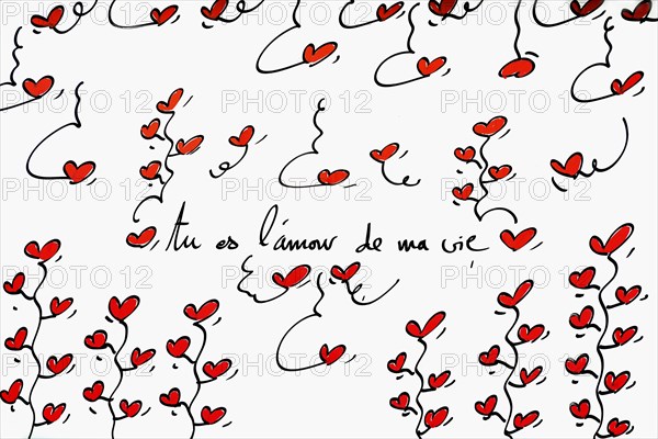 Street art, painted house wall with hearts and lettering on the theme of love, Montmartre, Paris,