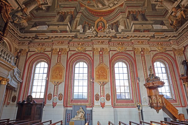 Interior view with pulpit and ceiling fresco by Giovanni Francesco Marchini 1729, mock