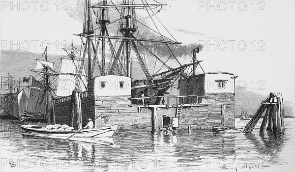 Floating dock in Hamburg harbour, dry dock, shipbuilding, repair, tall ship, rowing boat, dolphins,