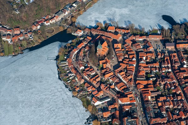 Aerial view, old town, Eulenspiegelstadt, Schulsee, ice, winter, Moelln, Schleswig-Holstein,