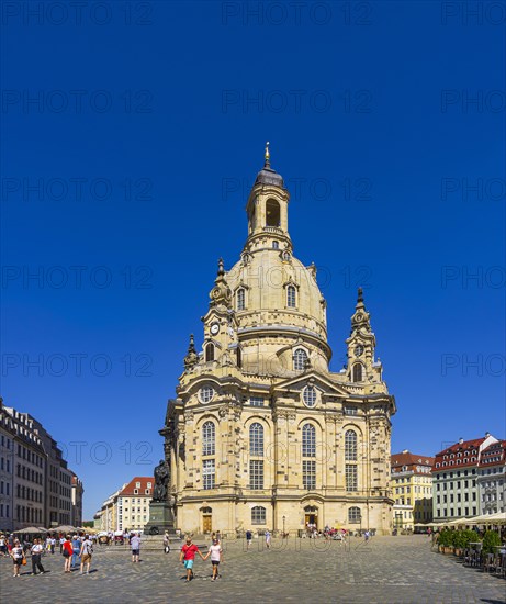 Tourist scene in front of the Church of Our Lady on the Neumarkt in Dresden, Saxony, Germany, for