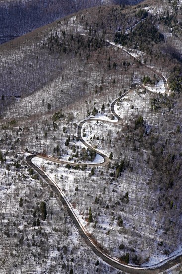 Aerial view, Col du Pas de la Graille, pass, road, snow, winter, curvy, Lure, Sisteron, France,