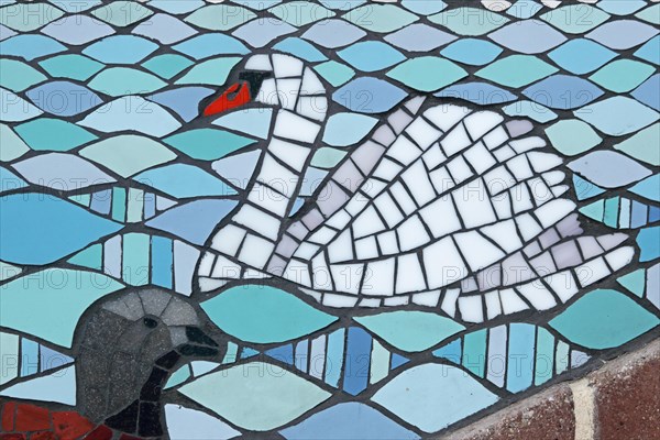 Wall mosaic with mute swan by Isidora Paz Lopez 2019, one, two, white, water, swimming, swan