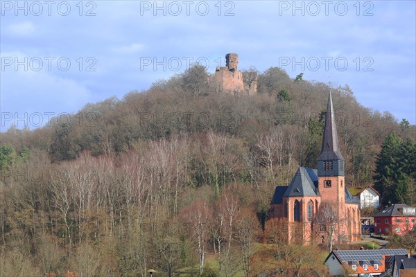 Hohenecken Castle and St Rochus Church, forest, mountain, landscape, Hohenecken, Kaiserslautern,