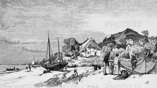 Elbe beach in Blankenese, shore, fishermen, nets, mend, thatched house, hill, idyll, Free and