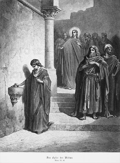 The Widow's Offering, Gospel of Mark, Chapter 12, Jesus, halo, offering box, money, coin, penny,