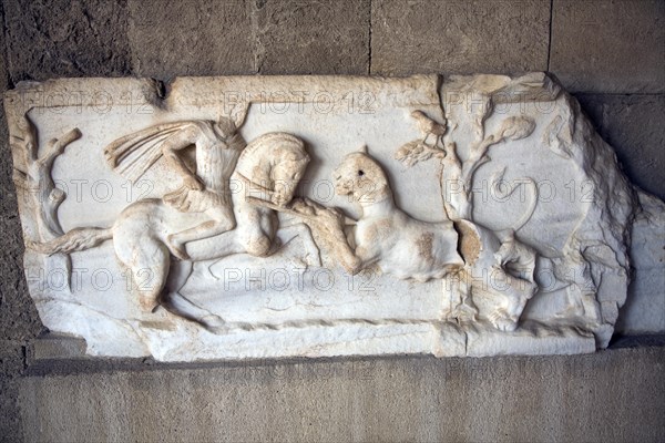 Hellenistic marble stone relief plaque hunting scene Roman Tetrapylon, Archaeological museum,
