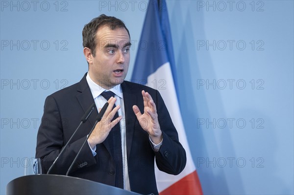Sebastien Lecornu, French Minister of Defence, recorded during a press statement in Berlin, 22.03