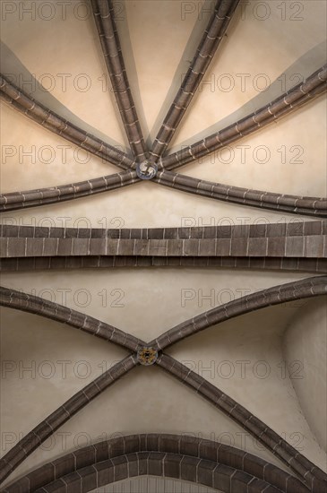 Vault keystones, rosette and Lamb of God, Agnus Dei, St Clare's Church, founded in 1273,