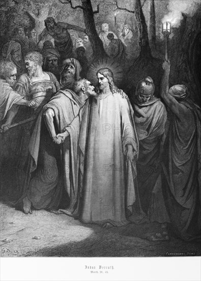 Judas betraying Jesus, Gospel of Matthew, chapter 26, halo, traitor, disciple, sticks, torch, kiss,
