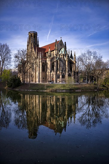 St John's Church, Reflection in the Lake of Fire, Stuttgart-West, Stuttgart, Baden-Wuerttemberg,