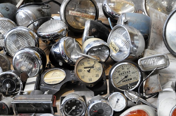 RETRO CLASSICS 2010, Stuttgart Trade Fair, Collection of vintage car parts such as headlights and