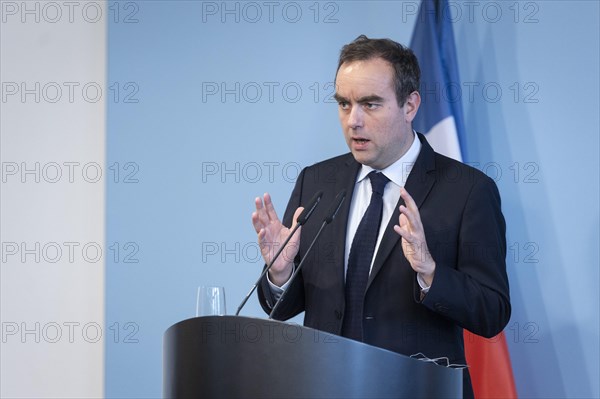 Sebastien Lecornu, French Minister of Defence, recorded during a press statement in Berlin, 22.03