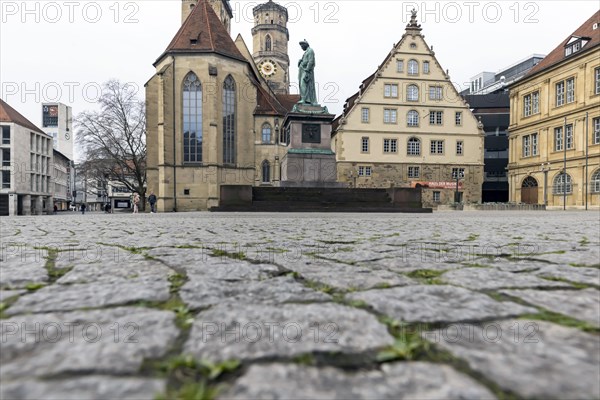 Schillerplatz square with Schiller monument, town hall tower, collegiate church and fruit cellar,
