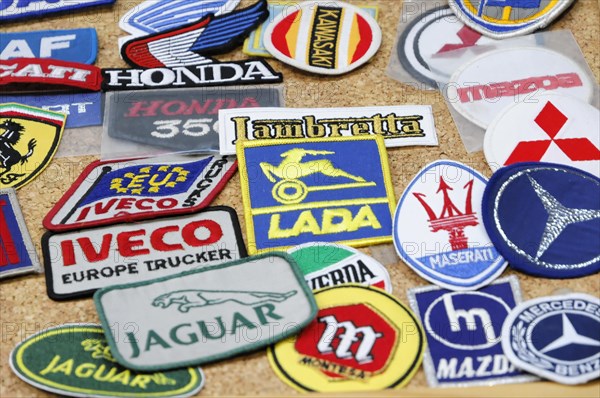 RETRO CLASSICS 2010, Stuttgart Messe, Collection of different colourful patches with car brand