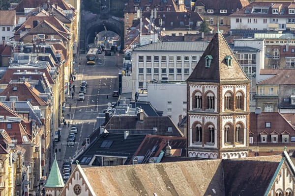 City view with St Elisabeth's Catholic Church, Schwabstrasse and Schwabtunnel, dense development