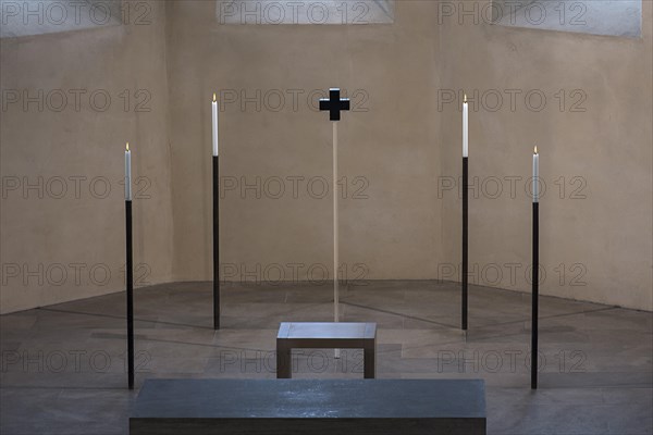 4 candles and a glass cross at the former altar site, St Clare's Church, Koenigstrasse 66,