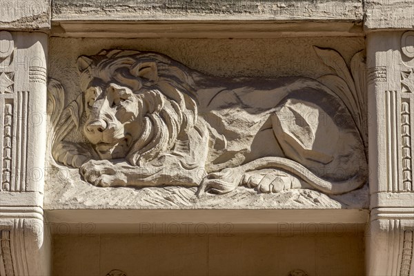 Ornamental console with lion, relief in console under bay window, town house in Art Nouveau style,