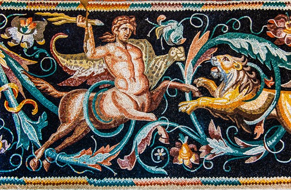 Centaur against Loewe, mosaic copy, Indian Triumph of Dionios, Algeria, 3rd century, mosaic school