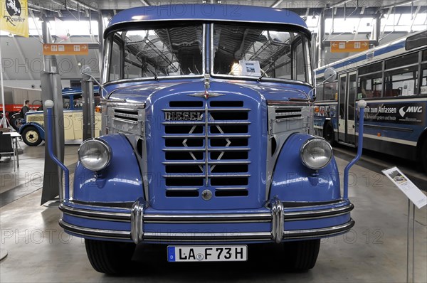 RETRO CLASSICS 2010, Stuttgart Trade Fair Centre, front view of a classic blauen vintage bus with