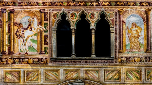 Palazzo Dipinto, facade with painted frescoes, historic city centre, Spilimbergo, Friuli, Italy,