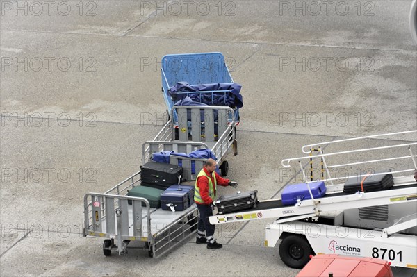 Ground staff loading luggage onto the conveyor belt of an aircraft, Hamburg, Hanseatic City of